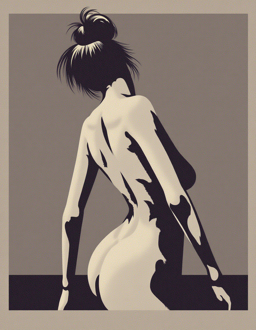 A digital illustration in minimalistic style about the side silhouette of a naked woman with hair bun over a simple background.