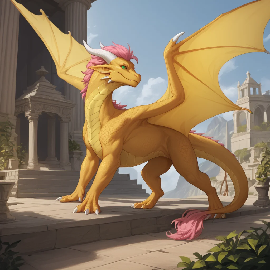 <lora:Male_Feral_Dragon_Concept_PonyXL:0.7>, western dragon, score_9, score_8_up, score_7_up, score_6_up, score_5_up, score_4_up, source_furry, rating_safe, male, feral, western dragon, wings, detailed background, fantasy, full body, quadruped, folded wings, pink hair, green eyes, yellow body, in ancient rome,