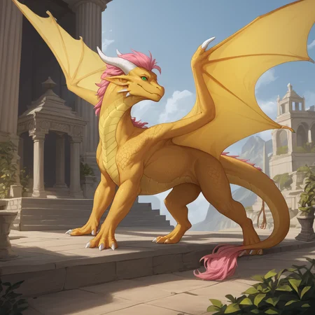 <lora:Male_Feral_Dragon_Concept_PonyXL:0.7>, western dragon, score_9, score_8_up, score_7_up, score_6_up, score_5_up, score_4_up, source_furry, rating_safe, male, feral, western dragon, wings, detailed background, fantasy, full body, quadruped, folded wings, pink hair, green eyes, yellow body, in ancient rome,
