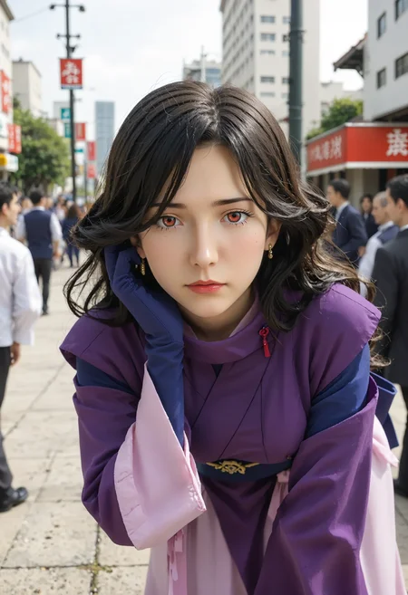 <lora:Hyper-SDXL-8steps-lora:1> <lora:Fixhands_anime_bdsqlsz_V1:1> zPDXL2, score_9, score_8_up, score_7_up, source_anime, intricate details, perfect anatomy BREAK
outdoors, city, tokyo, japan, audience, crowd, adjusting hair, standing, contrapposto,  hair behind ear, leaning forward, close_up, hand on own hair, Angry, tightened jaw, squinted eyes, and raised eyebrows., 1girl, solo, solo focus, 
<lora:GAGE-dorene_ezelcant_XL(pony)v10:1> GAGE-dorene, milf, black hair, wavy hair, red eyes, GAGE-dorene outfit, purple kimono, blue obi, black gloves, pink skirt, long gloves, long sleeves, long skirt,