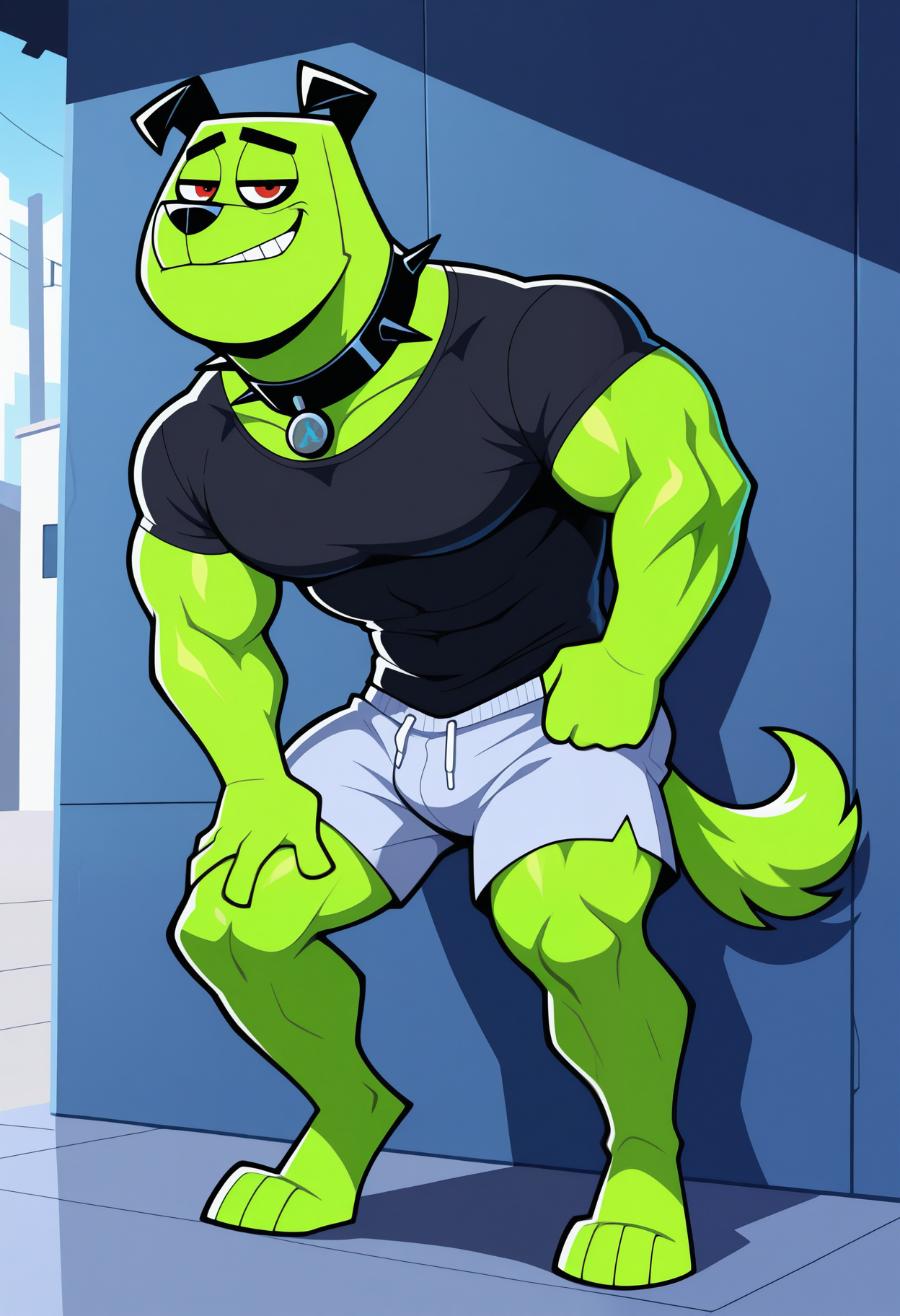 masterpiece,best quality,amazing quality, 1boy, solo, cuj0, anthro dog, muscular, green skin, red eyes, spiked collar, tail, smirk, outside, full body, shirt, shorts,
