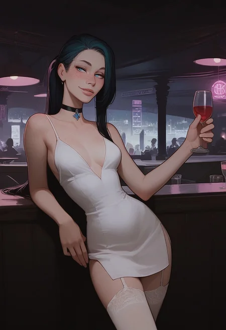 score_9,score_8_up,score_8,score_9,(((pastel colors, high contrast,expressiveh,solo,)))((, blue eyes,dark aqua hair,ponytail, straight hair,freckles, pale skin, naughty face, standing, posing,thighhighs,sleeveless dress, low cut dress, cleavage,choker, garter straps,bra peek, panty peek)) (1girl,slim,skinny, petite ,detailed eyes,)epiCPhoto,perfecteyes,facing forward,nightclub,holding wine glass