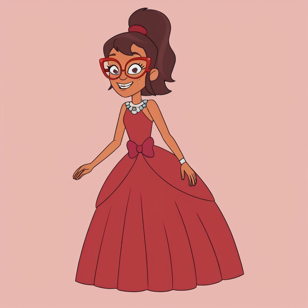 Hailey banks, 1girl, solo, young, slender, tan skin, freckles, brown hair, sidelocks, ponytail, red glasses,, Very long large straight tulle red princess ball gown hoop skirt, ball gown hoop skirt, red princess dress, hoopdress, my big princess gypsy wedding dress, ballgown, a girl in a dress posing like a princess for a picture, wearing a sleeveless ballgown, looking at viewer