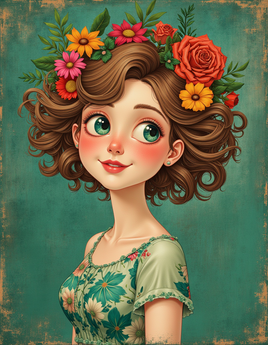 touch of verdigris style, a whimsical portrait of a woman with a gentle smile, her hair adorned with flowers