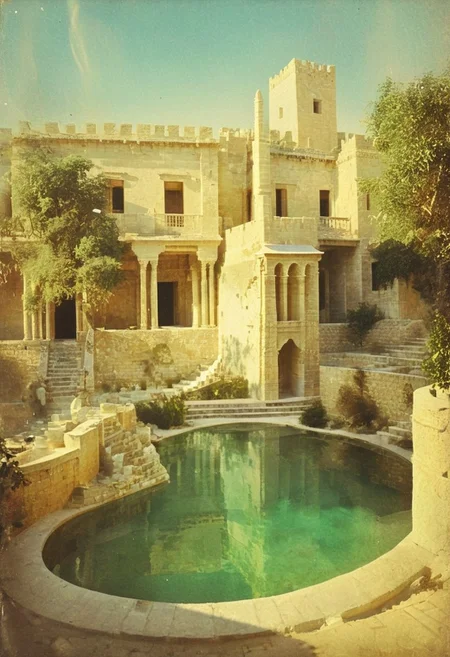 highly detailed and hyper realistic crowded aerial scenery, ancient bath and Garden, Tolkien architecture style, high-contrast monochrome palette, tolkin buildings with high walls, pointed battlements and round towers, terraces with dancing women at night, subtle grain, timeless feeling, cinematic quality, modern art photograph, A breathtaking photo capturing the magnificence of the Hanging Gardens of Babylon The image showcases the immense, lush terraces with cascading steps around a vibrant crystal turqoise and deep blue tiled swimming lake inviting to take a bath, lavishly adorned with marble and crafted from the finest stones. The pastel-hued tiled steps are teeming with exotic plants, creating a vibrant and verdant paradise. Birds flit gracefully among the foliage, adding to the enchanting ambiance of this ancient marvel., , limited dark palette, vibrant colors, faded, atmospheric haze, highly dramatic cinematic lighting, motion blur, film grain, professional, excellent composition, finest details, maximized details, ultimate detail level, masterpiece, best quality, ISO 300, 1/250s, F/2,8, 38 mm, extremely high quality RAW photograph, 4k, sharp focus, high resolution, 8k UHD, DSLR, high quality, film grain, Fujifilm XT3