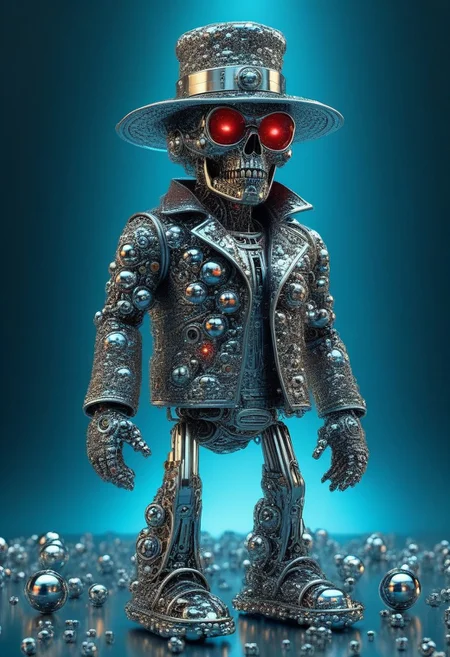 a very detailed realistic Terminator made out of shiny chrome-steel ball bearings, wearing a wizard hat, highly detailed cosmic background, masterpiece, absurdres