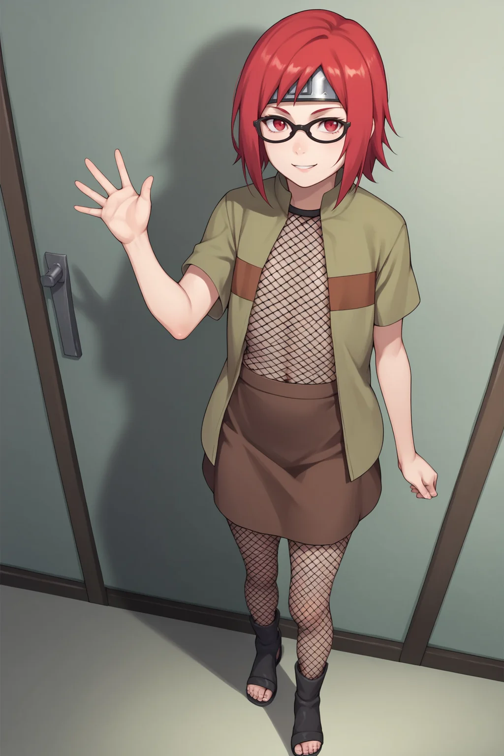 score_9, score_8_up, score_7_up, score_6_up, score_5_up, score_4_up, KarinUzumakiGEXL, black glasses, red eyes, red hair, short hair, bangs, sidelocks, forehead protector, flat chest, open shirt, shirt, short sleeves, fishnet top, brown skirt, fishnet thighhighs, black footwear, toeless footwear, solo, standing, waving, seductive smile, looking at viewer, indoors <lora:KarinUzumakiGEXL:0.8>