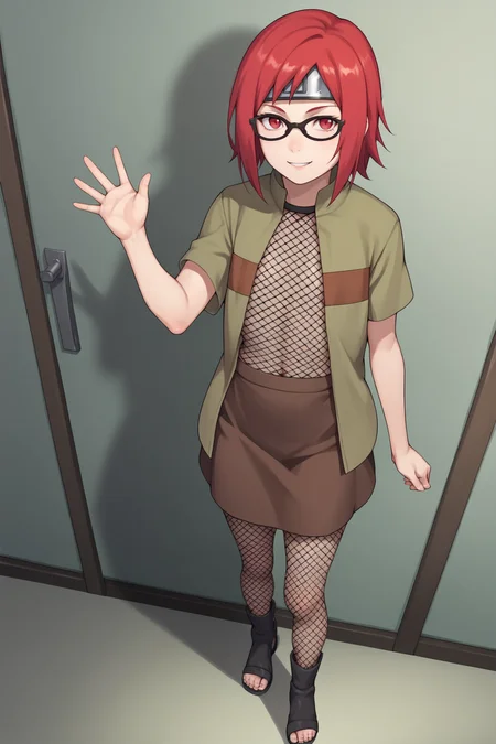 score_9, score_8_up, score_7_up, score_6_up, score_5_up, score_4_up, KarinUzumakiGEXL, black glasses, red eyes, red hair, short hair, bangs, sidelocks, forehead protector, flat chest, open shirt, shirt, short sleeves, fishnet top, brown skirt, fishnet thighhighs, black footwear, toeless footwear, solo, standing, waving, seductive smile, looking at viewer, indoors <lora:KarinUzumakiGEXL:0.8>