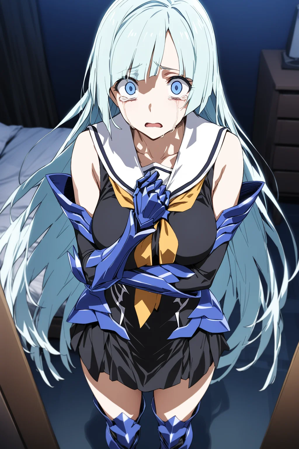 masterpiece, best quality, absurdres, foreshortening, perspective, from above, 1girl, solo, standing, cowboy shot, brynhildr \(fate\), fate/prototype: fragments of blue and silver, very long hair, gauntlets, armored thigh boots, white sailor collar, black serafuku, hand up, sleeveless, armored dress, yellow neckties, self hug, despair, scared, furrowed brow, frown, wide-eyed, (constricted pupils:1.2), empty eyes, crying, streaming tears, open mouth, looking at viewer, indoors, bedroom, night, <lyco:flat-anxl31-000070:0.85>,