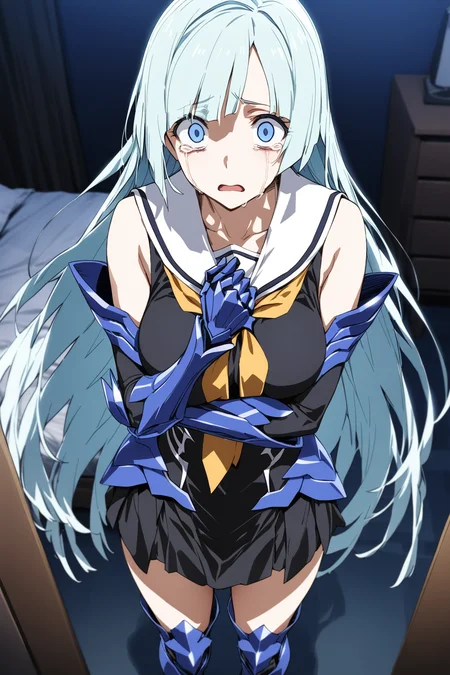 masterpiece, best quality, absurdres, foreshortening, perspective, from above, 1girl, solo, standing, cowboy shot, brynhildr \(fate\), fate/prototype: fragments of blue and silver, very long hair, gauntlets, armored thigh boots, white sailor collar, black serafuku, hand up, sleeveless, armored dress, yellow neckties, self hug, despair, scared, furrowed brow, frown, wide-eyed, (constricted pupils:1.2), empty eyes, crying, streaming tears, open mouth, looking at viewer, indoors, bedroom, night, <lyco:flat-anxl31-000070:0.85>,