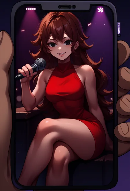 score_9, score_8_up, score_7_up, source_anime, PhonePOV, <lora:StevechopzPhone_XLPD:1>, rating_safe, <lora:GirlfriendXLPDLoCon:1> girlfriend \(friday night funkin'\), red dress, sleeveless dress, short dress, bare shoulders, black eyes, sitting, crossed legs, microphone, singing, seductive smile,