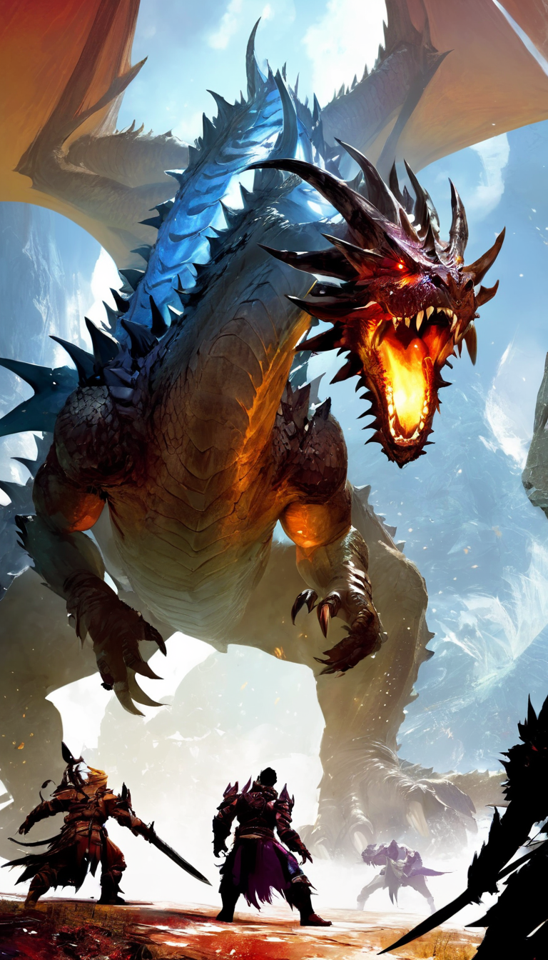 Cinematic scene, adventurers fighting a giant dragon, detailed background, masterpiece, best quality, high quality, absurdres, guild wars 2 <lora:guild_wars_xl_v5:1.0>