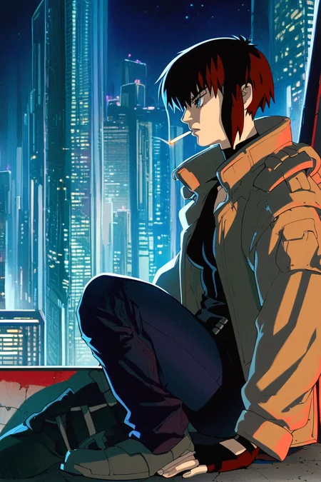 score_9_up, score_8_up, score_7_up, solo, gloves, fingerless gloves, 1girl, cigarette, sitting, black hair, black gloves, city, building, pants, jacket, short hair, night, dark, knee up, cyberpunk, cityscape, ghost in the shell style, major kusanagi, high quality, best quality, <lora:90s_Retro_anime_style_Pony:1>