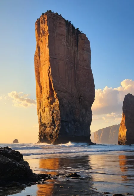 The subject of the image is a massive, towering rock formation rising from a calm body of water. The rock has a rugged and weathered appearance, with sharp edges and a jagged silhouette. Its surface is illuminated by sunlight, creating a striking contrast between the bright highlights and deep shadows. The rock formation stands tall and immovable, its form rooted firmly in the water. It has a dynamic and imposing presence, with its jagged edges and steep cliffs adding to its dramatic appearance. The way it rises from the water creates a sense of height and scale, emphasizing its dominance over the surrounding environment. The camera is positioned at a low angle, looking up at the rock formation. This perspective emphasizes the height and grandeur of the tower, making it appear even more imposing and majestic. The framing focuses on the rock and its reflection in the water, highlighting its details and the atmosphere of the scene. The lighting is soft and diffused, likely from a setting or rising sun, casting gentle shadows around the rock. The light highlights the texture and details of the rock's surface, while the shadows add depth and dimension to the scene. The overall lighting creates a warm and atmospheric ambiance. The background features a vast expanse of calm water, reflecting the colors of the sky and the rock. In the distance, there are faint outlines of other landforms or islands, providing a sense of scale and depth.