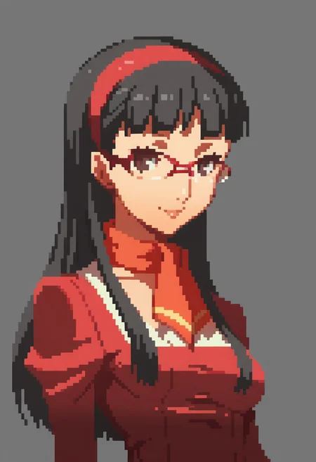 score_9, score_8_up, detailed, absurdres, extreme_quality, anime style, portrait, upper body portrait, slight side angle, medium breasts, rpg portrait, rpg, portrait, , shadow, plain background, light grey background, , upper body focus, face focus, looking at viewer, slight smile, p4yukiko, amagi yukiko, long hair, black hair, bangs, hairband, glasses, red-framed eyewear, long hair, p4yukiko-wincas, dress, red dress, long sleeves, neckerchief, knee boots,