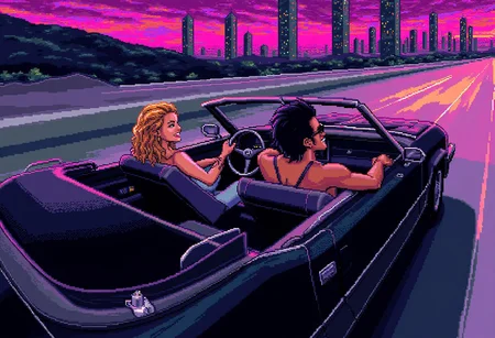 pixelart, man driving a convertible shiny black car with one hand,relaxing,he is wearing sunglasses,and smiling confidently,smirk,black hair mullet,on the back seat is sitting a blonde beautiful woman wearing elegant clothes,closed eyes,happy smile, neon highway,retro city in the background with tall buildings,joy moment,driving at high speed,wind blowing,after image lights,