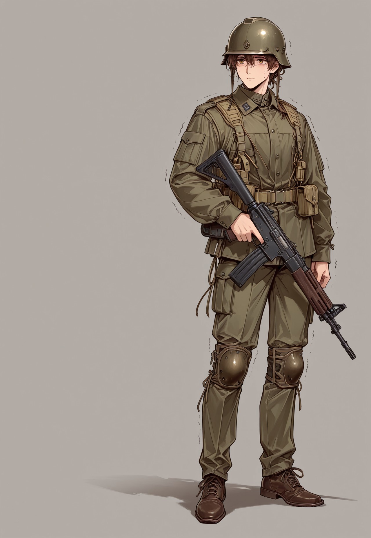 ww1era, victorianera, 18cera, alone, solo, portrait, full body, simple background, gray background, simple floor, full body, retro style, adult man, adult, man, brown hair, amber eyes, fragile, soldier attire, soldier helmet, recruit, skinny, skinny body, shaking, nervous expression, holding assault rifle, holding, standing
<lora:RavenScript :1>