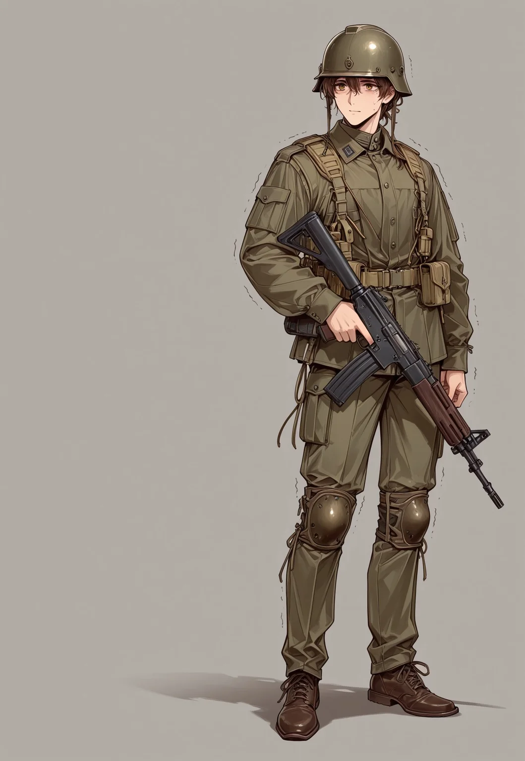 ww1era, victorianera, 18cera, alone, solo, portrait, full body, simple background, gray background, simple floor, full body, retro style, adult man, adult, man, brown hair, amber eyes, fragile, soldier attire, soldier helmet, recruit, skinny, skinny body, shaking, nervous expression, holding assault rifle, holding, standing
<lora:RavenScript :1>