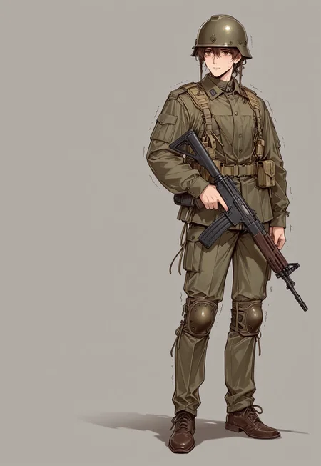 ww1era, victorianera, 18cera, alone, solo, portrait, full body, simple background, gray background, simple floor, full body, retro style, adult man, adult, man, brown hair, amber eyes, fragile, soldier attire, soldier helmet, recruit, skinny, skinny body, shaking, nervous expression, holding assault rifle, holding, standing
<lora:RavenScript :1>
