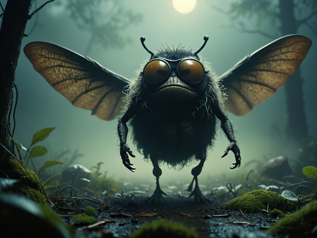 Utilizing Kodak Ektar 100 film, the eerie scene captured by a Pentax K1000 SLR camera with an SMC Pentax f/1.7 50mm lens at f/1.7 and a shutter speed of 1/125s, ISO 100, depicts a menacing comic-style horror fly. This grotesque creature features a fat, round hairy body, stubby tail, and oversized wings, paired with a human-like comic face adorned with sunglasses, a big round cartoon nose, and pointy ears. In a misty night setting, the fly with a mischievous demeanor is portrayed flying around a spooky and overgrown garden, leaving a trail of destruction in its wake. The atmosphere is thick with mist and smoke, enhancing the highly detailed and chilling nature of the scene.
