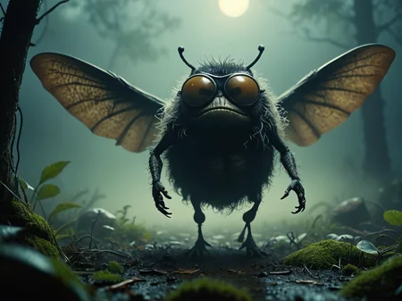 Utilizing Kodak Ektar 100 film, the eerie scene captured by a Pentax K1000 SLR camera with an SMC Pentax f/1.7 50mm lens at f/1.7 and a shutter speed of 1/125s, ISO 100, depicts a menacing comic-style horror fly. This grotesque creature features a fat, round hairy body, stubby tail, and oversized wings, paired with a human-like comic face adorned with sunglasses, a big round cartoon nose, and pointy ears. In a misty night setting, the fly with a mischievous demeanor is portrayed flying around a spooky and overgrown garden, leaving a trail of destruction in its wake. The atmosphere is thick with mist and smoke, enhancing the highly detailed and chilling nature of the scene.