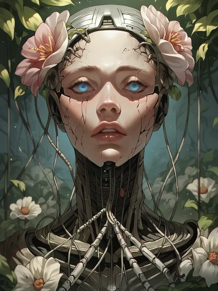 score_9, score_8_up, score_7_up, score_6_up, score_5_up, score_4_up, <lora:cr34tur3g0r3XLP:0.8> cr34tur3g0r3, 1girl, flowers, cyborg, wires, broken, blue eyes, robot