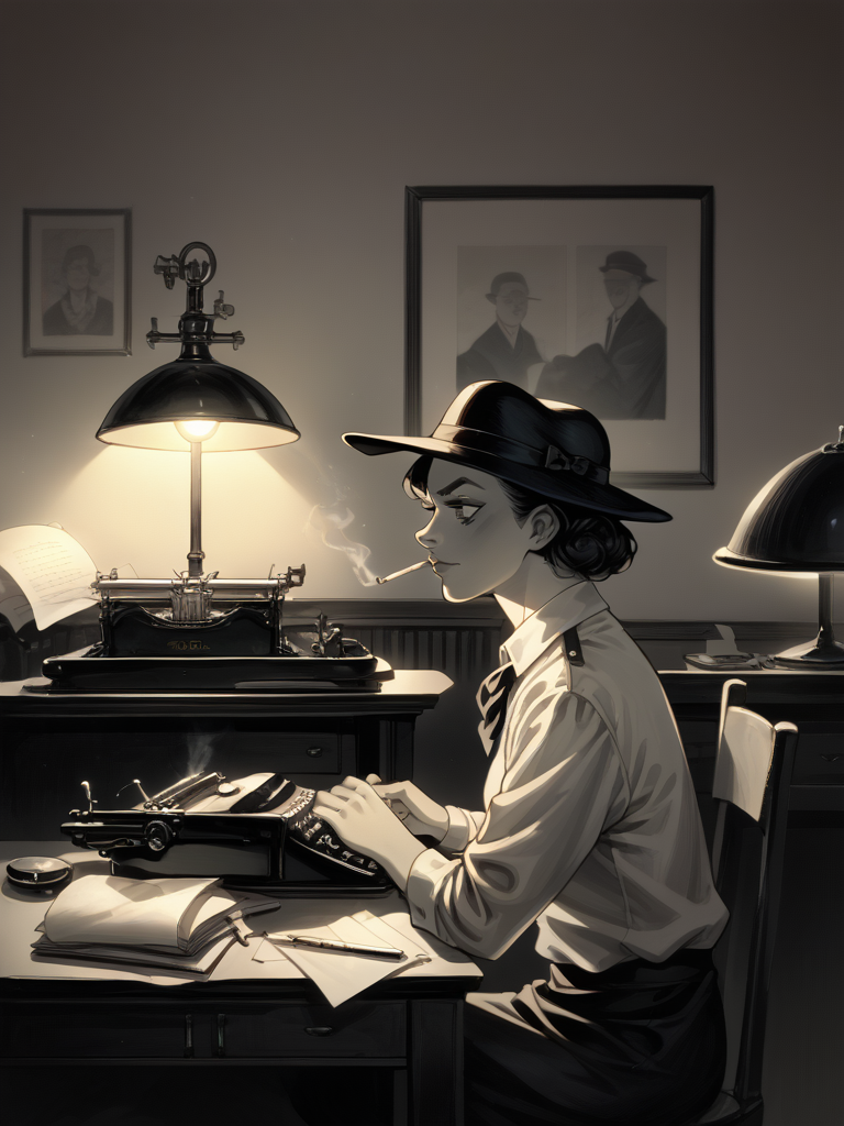 score_9, score_8_up, score_7_up, source_anime, BREAK

1boy, A detective, sitting, desk, typing, typewriter, Hat. Mood Lighting, Monochrome, Smoky, Desk Lamp, BREAK

1girl, attractive woman, standing, holding, cigarette, smoking, talking, 