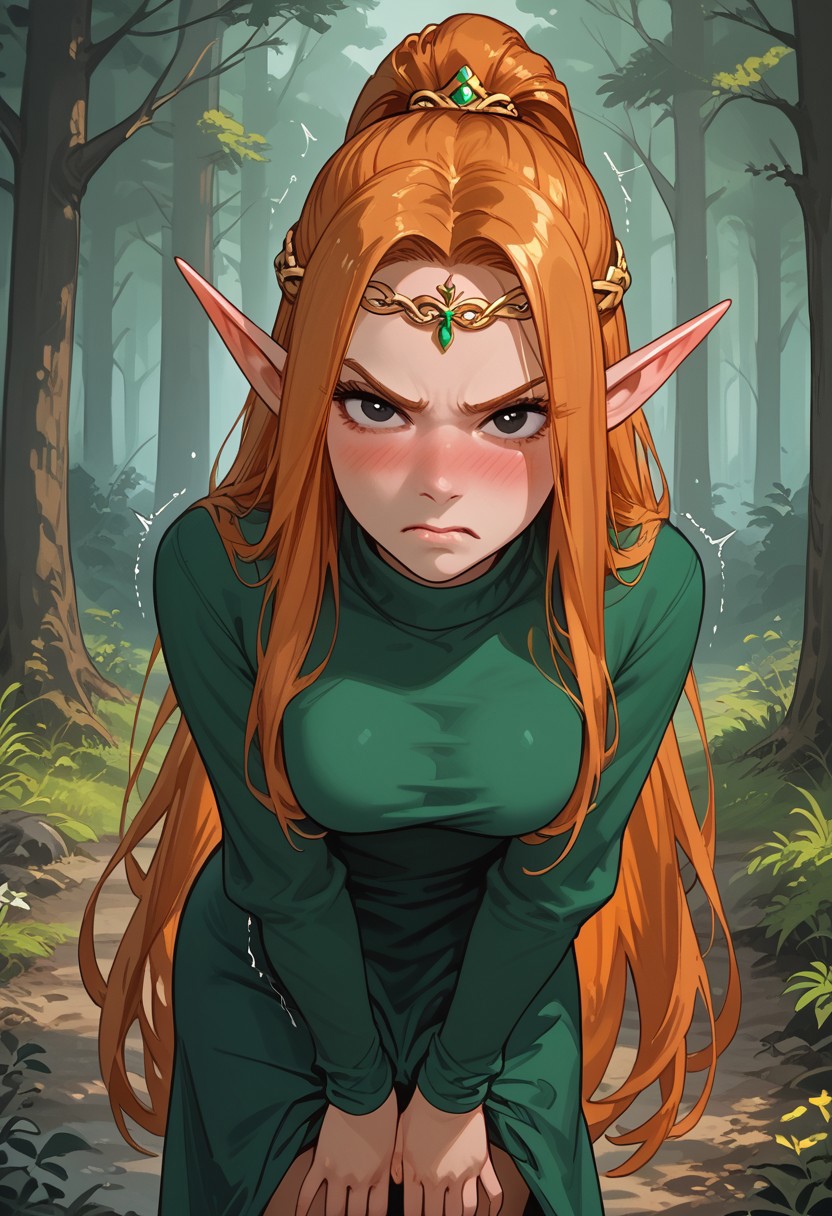score_9, score_8_up, score_7_up, score_6_up, Expressiveh, g0thicPXL, 1girl, shiny skin, alone,
elf purist, elf, long pointy ears, orange hair, long hair, half updo, high ponytail, black eyes, circlet, green dress, long sleeves,  turtleneck, 
forest, forest road, trees,
standing, angry, blushing, embarrassed, hands covering crotch, pulling skirt down, leaning forward, (shaking:1.3), looking at viewer, from front,