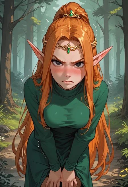 score_9, score_8_up, score_7_up, score_6_up, Expressiveh, g0thicPXL, 1girl, shiny skin, alone,
elf purist, elf, long pointy ears, orange hair, long hair, half updo, high ponytail, black eyes, circlet, green dress, long sleeves, turtleneck,
forest, forest road, trees,
standing, angry, blushing, embarrassed, hands covering crotch, pulling skirt down, leaning forward, (shaking:1.3), looking at viewer, from front,