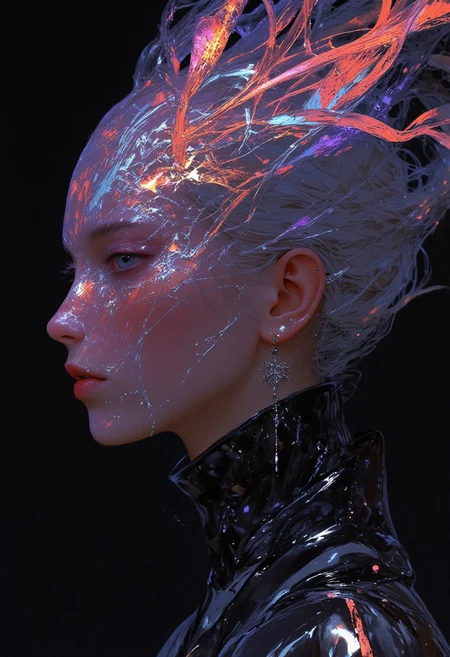 A hyper-realistic close-up portrait of a model’s face and upper body, dressed in a sleek black dress with a subtle metallic sheen. The dress is simple, focusing attention on the oversized surreal mesh veil draped over her head. The veil is made of translucent, flowing material in neon hues—electric purple, cobalt blue, and neon orange—creating a swirling, fragmented pattern with a surreal texture. Her hair is styled in a sleek high bun, and her makeup is minimal, enhancing her natural beauty. She wears a minimalist black choker, complementing her understated outfit. The shot is captured with a 50mm lens, f/1.4 aperture, using shallow depth of field to keep the model’s face and veil in sharp focus while the dark background softly blurs. Cinematic lighting gently highlights the veil’s texture, casting a halo effect around it, and illuminates the model’s face. The contrast between the dark background and the neon veil creates an ethereal, surreal mood. The lighting emphasizes the veil’s intricate pattern, while the color palette of neon against black enhances the avant-garde atmosphere. The overall mood is mysterious, elegant, and captivating, captured in HD and 8K for a polished, high-quality result. mythp0rt