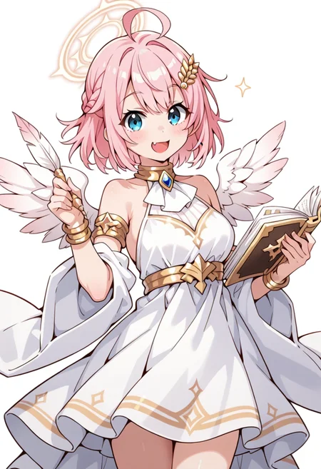 Lucia, halo, angel wings, 1girl, solo, short hair, pink hair, ahoge, braid, bangs, hair ornament, blue eyes, medium breasts, fang, choker, white dress, blue brooch, armlet, bracelet, detached sleeves, wide sleeves, standing, holding book, holding quill, looking at viewer
BREAK
white background
BREAK
<lora:Lucia-20:1>