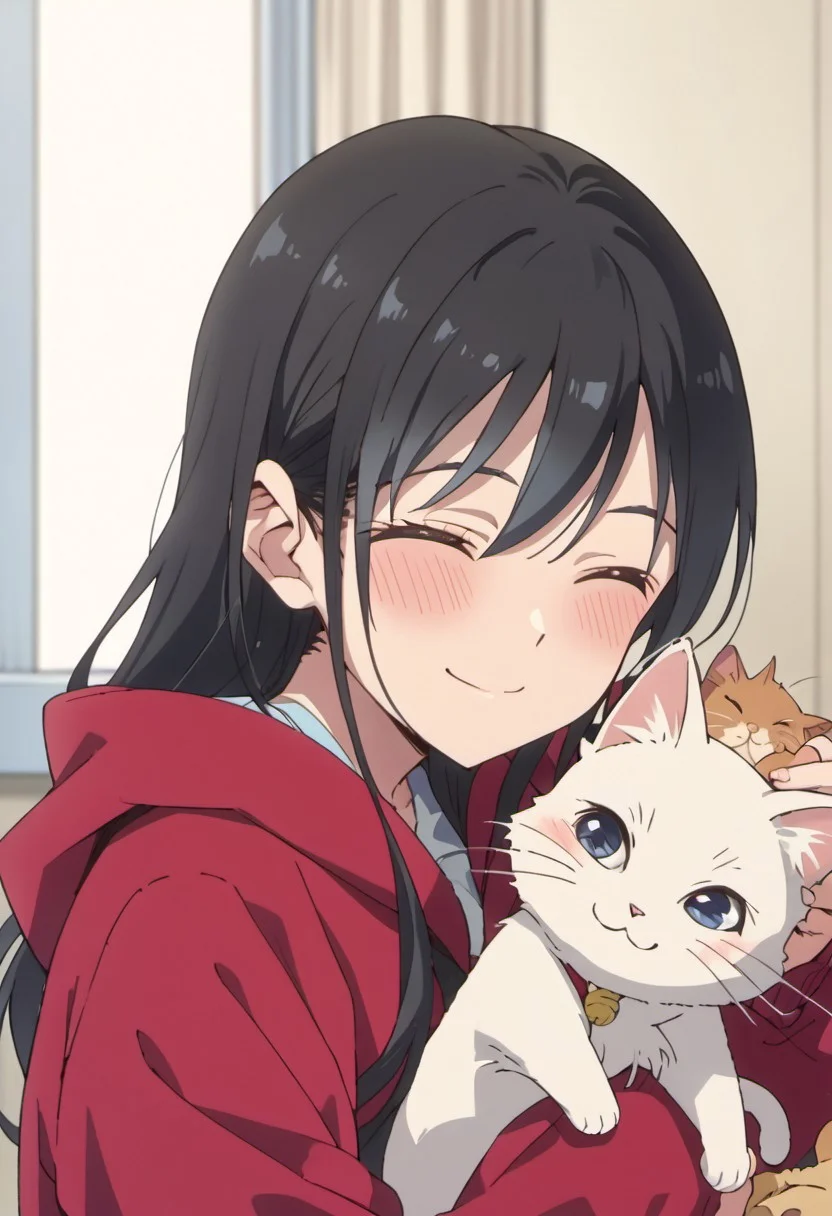 score_9, score_8_up, score_7_up, source_anime,nanakura rin, black hair, blue eyes, long hair, 1girl, cat, closed eyes, smile, blush, holding animal, holding, solo, hood, hoodie, animal, holding cat