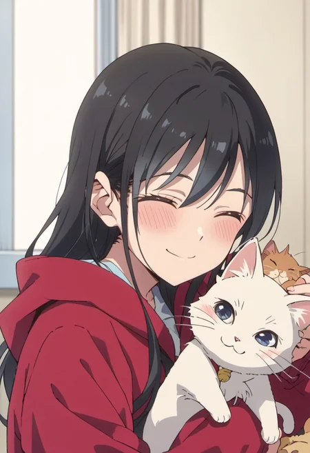 score_9, score_8_up, score_7_up, source_anime,nanakura rin, black hair, blue eyes, long hair, 1girl, cat, closed eyes, smile, blush, holding animal, holding, solo, hood, hoodie, animal, holding cat