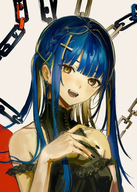 by iwzry
1girl, solo, hair rings, chain, yellow eyes, blue hair, red background, long hair, looking at viewer, braid, jewelry, open mouth, hair ornament, fangs, bangs, teeth, mole, dress, simple background, black nails, fingernails, cross, bare shoulders, chinese clothes, upper body, nail polish
anime,
best quality, masterpiece,