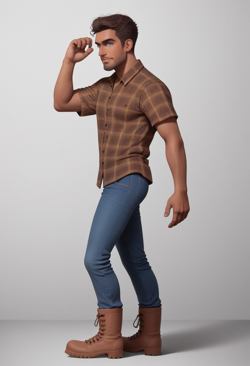 Arabian 25yo Naveen, 1boy, medium dark brown skin, slender manly body, combed medium brown hair, light blue eyes, facial expression loving, subtle beard stubble, plaid shirt, dark jeans, standing pose, leaning side view, hiking boots