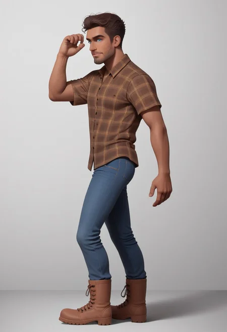 Arabian 25yo Naveen, 1boy, medium dark brown skin, slender manly body, combed medium brown hair, light blue eyes, facial expression loving, subtle beard stubble, plaid shirt, dark jeans, standing pose, leaning side view, hiking boots