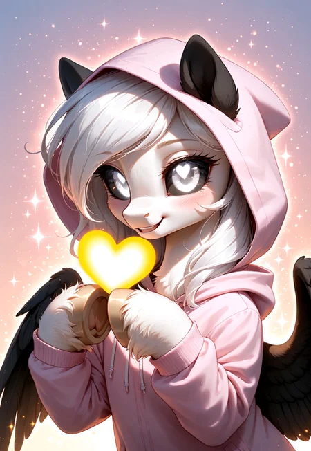 score_9, score_8_up, score_7_up, score_pony, zPDXL3, Albina, 1girl, wild pony, pony, white fur, white long hair, big eyes, (glowing white eyes:1.1), soft smile, (black sclera:1.1), black ears, (black wings:1.2), holding a glowing heart, heart in hooves, cute pose, fluffy, wearing cozy hoodie, in the hood, (very cute:1.3), warm lighting, soft pastel background, sparkles, glowing particles, gentle blush, dreamy atmosphere, high detail, soft shading, kawaii style, close-up, upper body BREAK (masterpiece:1.3), (best quality:1.3), (ultra-detailed:1.3), (cinematic lighting:1.2), (depth of field:1.1), (sharp details:1.1)