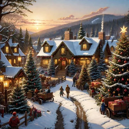 (((4k uhd))), (((high dynamic range:1.8))), ultra detailed, real photographic nikon z7, rich color, christmas tree farm 1920's, rockwell masterpiece, highly detailed environment, (((highly detailed objects:1.4))), disco elysium OverallDetail (Thomas Kinkade Style)