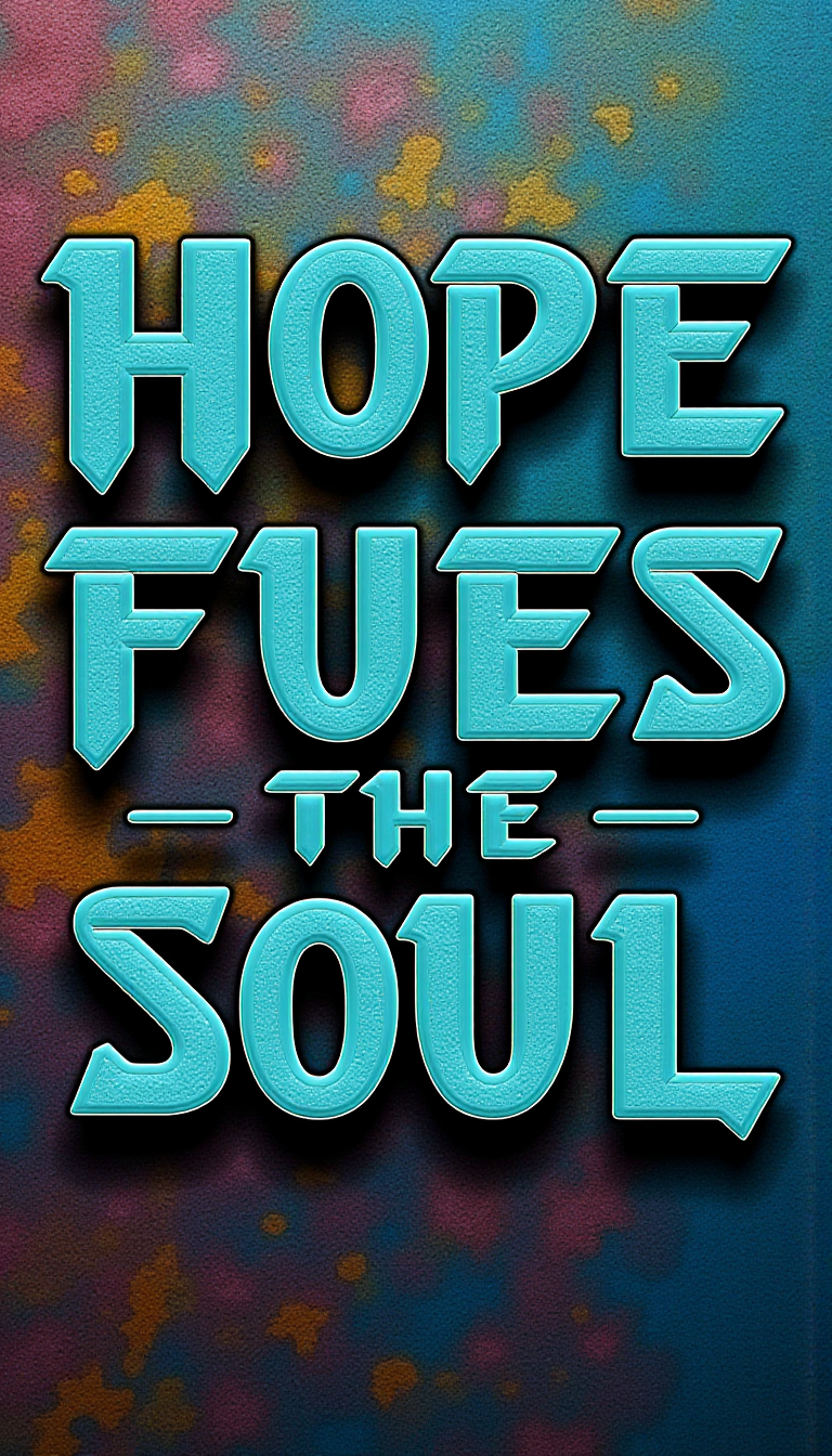 <lora:SC2Font:1>A (Cyan colored:1.4) SC2StyleFont text that says "Hope fuels the soul" in conglomerate stone style letters over a colorful abstract background