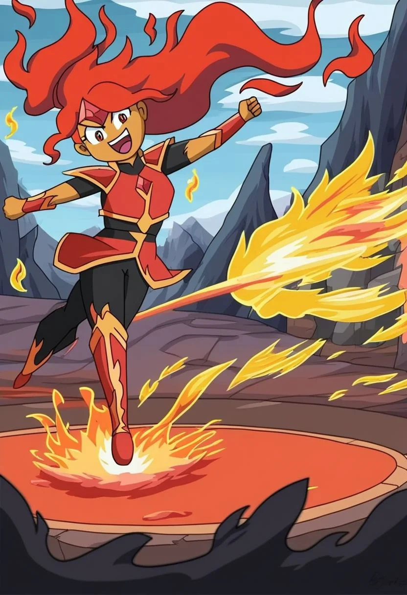 Flame princess fighting in the depths of Hell, flames, flame effects, fire backround, fire elemental, burning inferno, lava, masterpiece, best quality, high quality