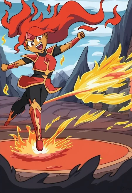 Flame princess fighting in the depths of Hell, flames, flame effects, fire backround, fire elemental, burning inferno, lava, masterpiece, best quality, high quality