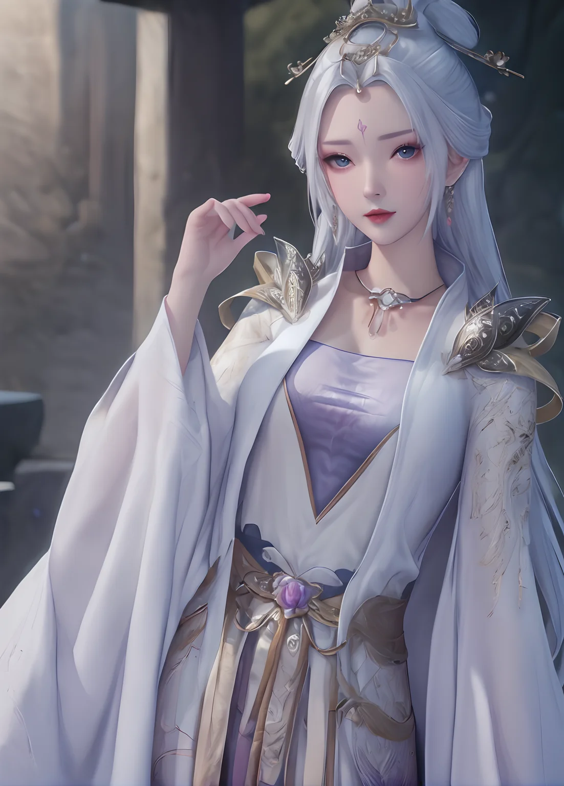 (cowboy_shot:1.4),game cg,1girl,blue eyes,blurry background,chinese clothes,facial mark,forehead mark,hair ornament,jewelry,looking at viewer,solo,white hair,ultra realistic 8k cg,picture-perfect face,flawless,clean,masterpiece,professional artwork,famous artwork,cinematic lighting,cinematic bloom,perfect face,beautiful face,beautiful eyes,fantasy,dreamlike,unreal,absurdly long hair,very long hair,(rich:1.4),detail,delicate pattern,charming,alluring,seductive,erotic,enchanting,hair ornament,looking at viewer,<lora:mengqianqiu_V1:1>,