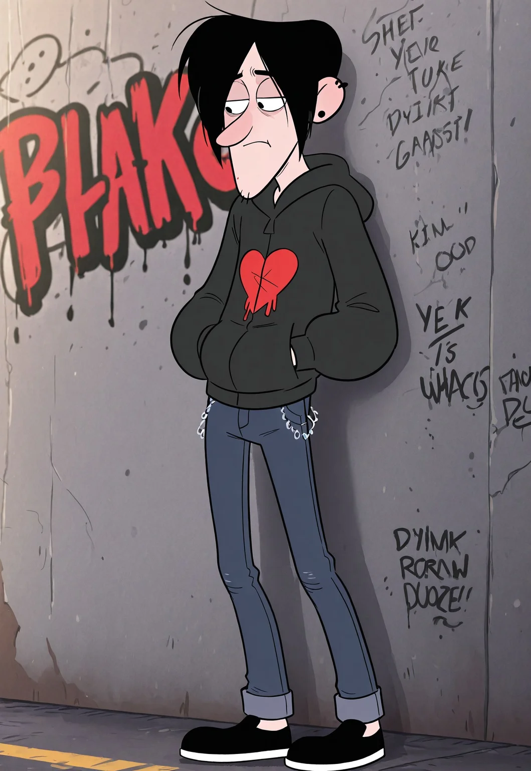 masterpiece, best quality, amazing quality, detailed background, intricate details, dynamic, cinematic, animated, anime realistic shading, solo, male focus, 1boy, handsome, robbi3, black hair, long bangs, black eyes, earrings, ear piercing, acne, stubble, black hoodie, fingerless gloves, thight jeans, black shoes solo, male focus, leaning, graffiti wall, hands on pocket