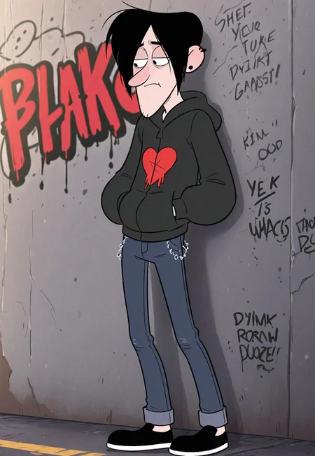 masterpiece, best quality, amazing quality, detailed background, intricate details, dynamic, cinematic, animated, anime realistic shading, solo, male focus, 1boy, handsome, robbi3, black hair, long bangs, black eyes, earrings, ear piercing, acne, stubble, black hoodie, fingerless gloves, thight jeans, black shoes solo, male focus, leaning, graffiti wall, hands on pocket