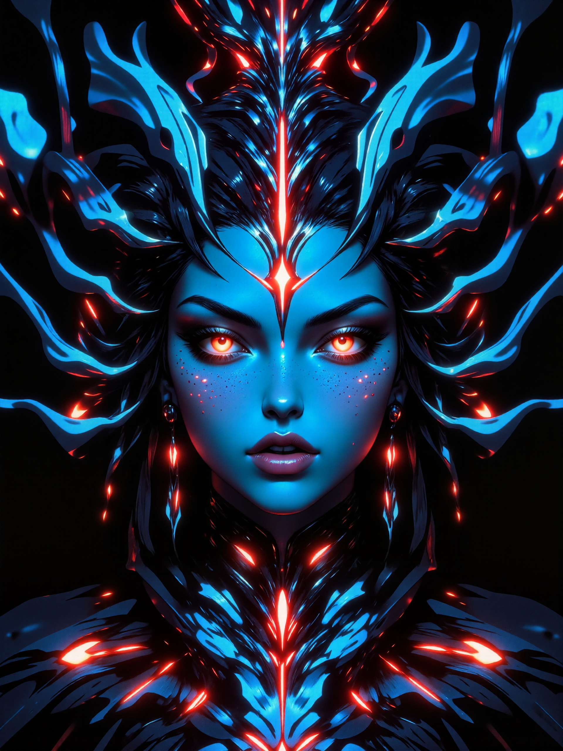 hyper-realistic and highly detailed, 8k, 16k, symmetrical composition, stellar rebirth, erase mistakes from the past, when we break from the trance, from the grave we're unmasked, and escape into the jaws of the beast, we are unleashed, from the carcass of a dead star, to the darkness of a blackened heart, low camera angle, fractal, iridescence, glow, night blue, silver, platinum, bordeaux red, cyan, moonlit, mythp0rt, ne0nfant4sy, midjourney_whisper_avant_couture, <lora:style-mythic_fantasy-v2-flux-by_velvets:0.85> <lora:style-neon_fantasy-flux-by_neowave:0.68> <lora:epic_gorgeous_details-balance-flux-by_flyway:0.8> <lora:style-midjourney_lucid_dreams-flux-by_kawaiikitsuneai:0.2> <lora:midjourney_whisper_avant_couture-flux-by_aihonobono2023:0.84>