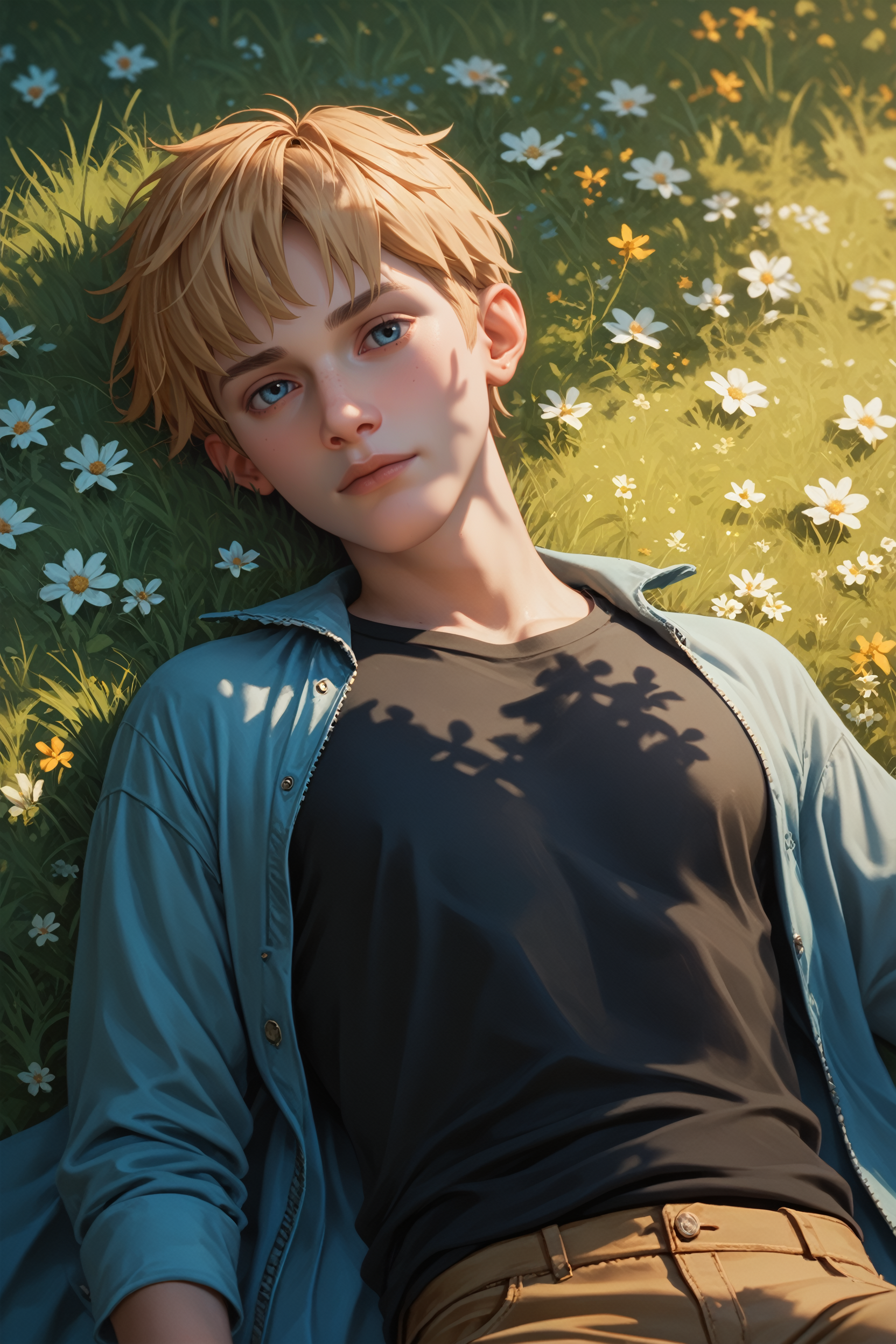 score_9, score_8_up, score_7_up, score_6_up
<lora:LISCSpirit:0.8>
LISCSpirit, 1boy, blonde hair, blue eyes, short hair, looking at viewer, lying, on back, on grass, from_above, romantic ambiance