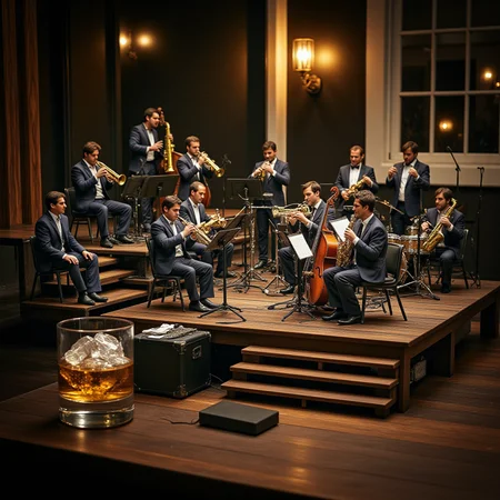 A miniature diorama of a big band playing on a stage next to a glass of whiskey with ice. 17 members in matching suits sit on the stepped stage. 4 trumpets, 4 trombones, 5 saxophones, piano, bass, drums, guitar. A supreme artistic moment where everyone is immersed in the joy of sound. A magical night, a conductor, <lora:Flux.1_Turbo_Detailer:0.7>, <lora:Diorama_Flux:0.9>