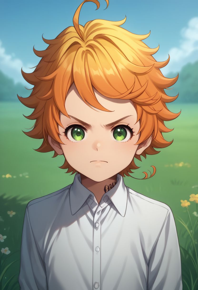 score_9, score_8_up, score_7_up, source_anime, highly detailed, 
emma, 1girl, shirt, green eyes, short hair, white shirt, orange hair, ahoge, solo, number tattoo, long sleeves, upper body, closed mouth, collared shirt, frown, neck tattoo, v-shaped eyebrows,
outdoor, grass, sky,