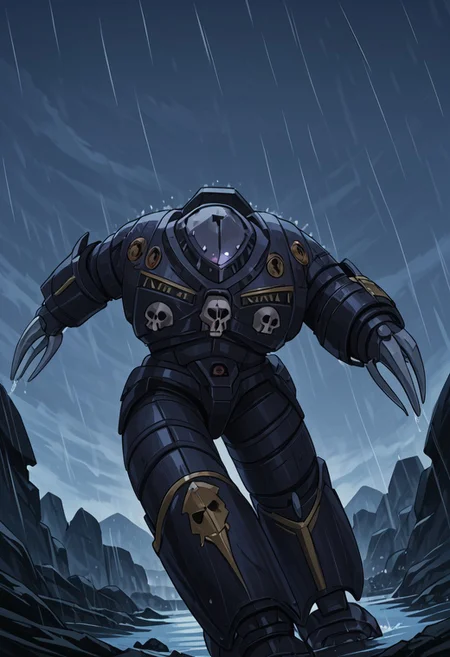 score_9, score_8_up, score_7_up, source_anime, cowboy shot, side view, BREAK, (looking up, running, msv_zgok_armor) 1mech, mech focus, solo, BREAK, white to grey background, cold lighting, score_9, score_8_up, score_7_up, source_anime, cowboy shot, side view, dutch angle from below, BREAK, ( ) 1mech, mech focus, solo, BREAK, water, ruins, overcast, cloudy sky, rain clouds, broken concrete, dirty, (score_9, score_8_up), score_7_up, <lora:PonyImperialF40k:0.8> ImperialF40k, power armor, GreyK40k, gold trim, skull decorations, gold edges,