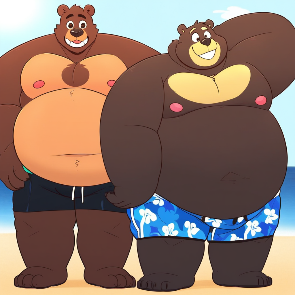 2boys, male, furry, bear, swim trunks, beach background, fat body, standing side by side, smiling